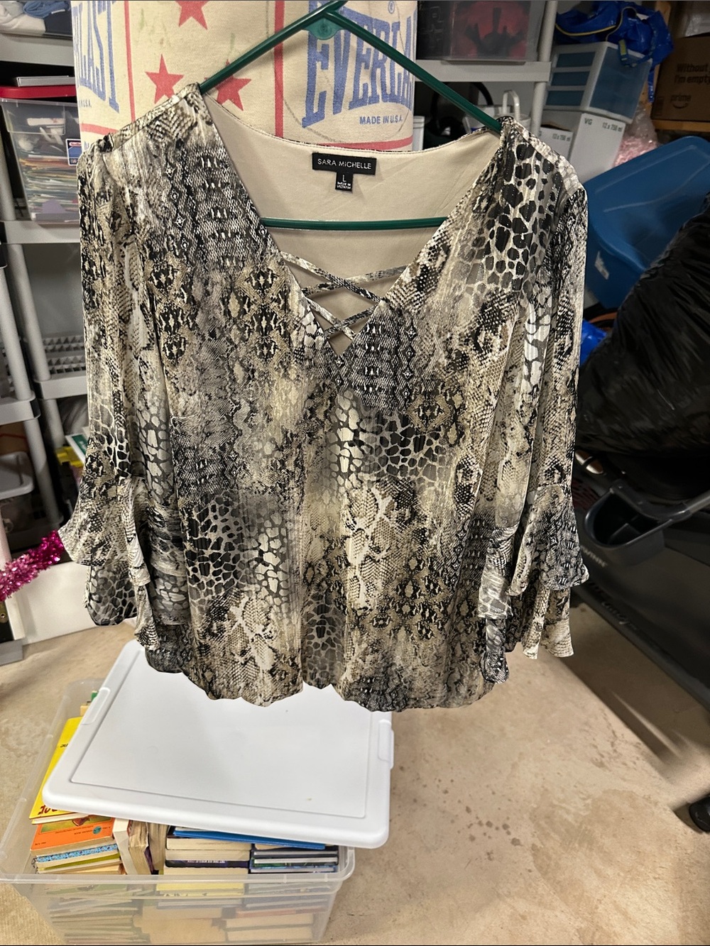 Sara Michelle Taupe and Black Snake Print V-Neck Blouse